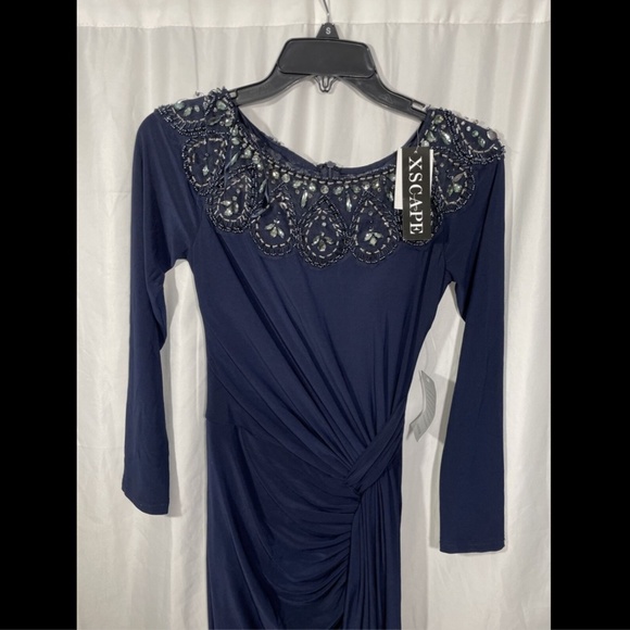 NWD XSCAPE Beaded Neck Long Sleeve Ruched Gown 2 - Picture 6 of 12